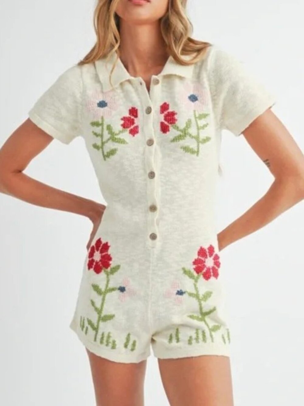 MABLE Cream Ecru Floral Embroidered Knit Romper Sz Large Cottagecore Boho